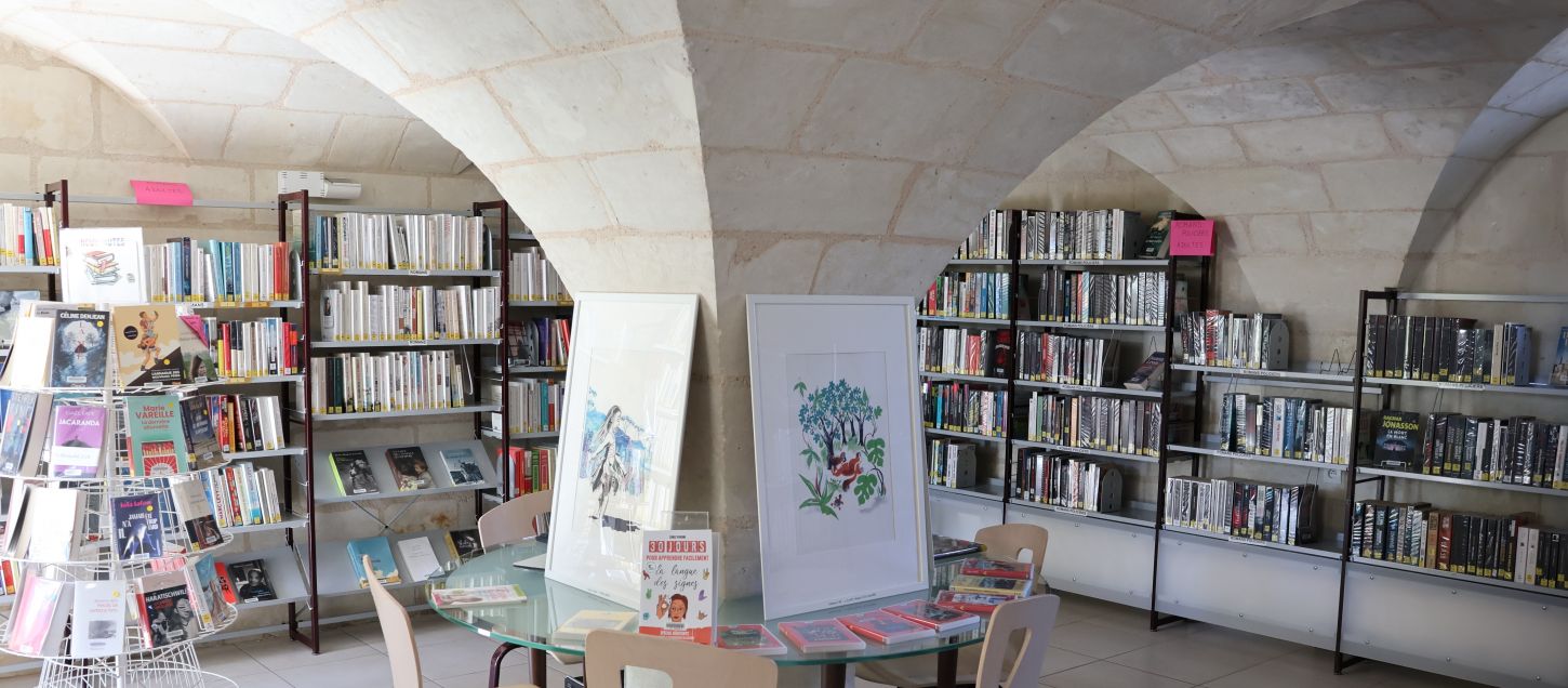 vue de la salle adulte de la bibliothèque municipale de Parçay-Meslay, rayoannges de romans et voute de pierre taillée